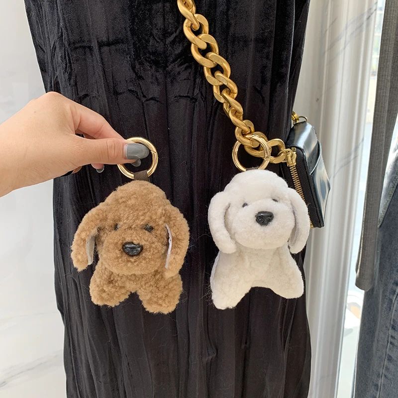 Women Pendant Cute Small Dog Keychain Real Wool Fur Keychain Bag Ornaments Toy puppy Car metal Key ring Party Trinket Gift