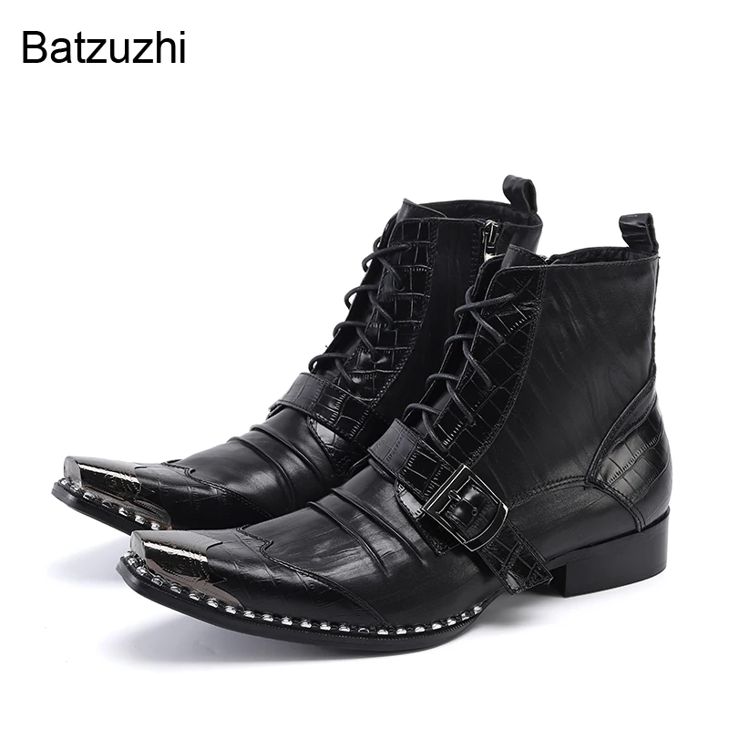 Batzuzhi New Arrival Fashion Men's Boots Pointed Metal Head Black Genuine Leather Ankle Boots Men Lace-up Zapatos Hombre, 38-46