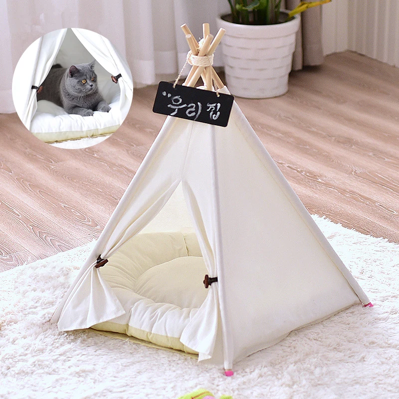 Canvas Pattern White Solid Pet Tent Portable Folding Teepee Cat Bed House with Cushion Easy Assemble Dog Houses Pet Products Dec