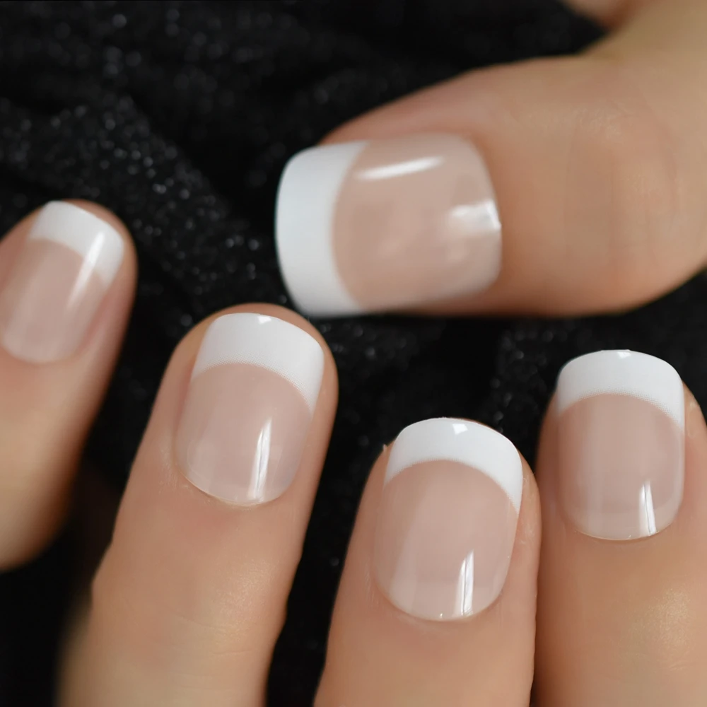 Summer Short Natural Nude White French Nail Tips False Fake Nails Gel Press on Ultra Easy Wear for Home Office Wear