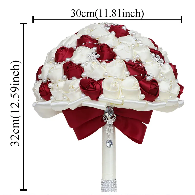 Popular Bride and Bridesmaid Holding Bouquets Pearl Rhinestones Wine Red Satin Roses Handmade Wedding Supplies W224D