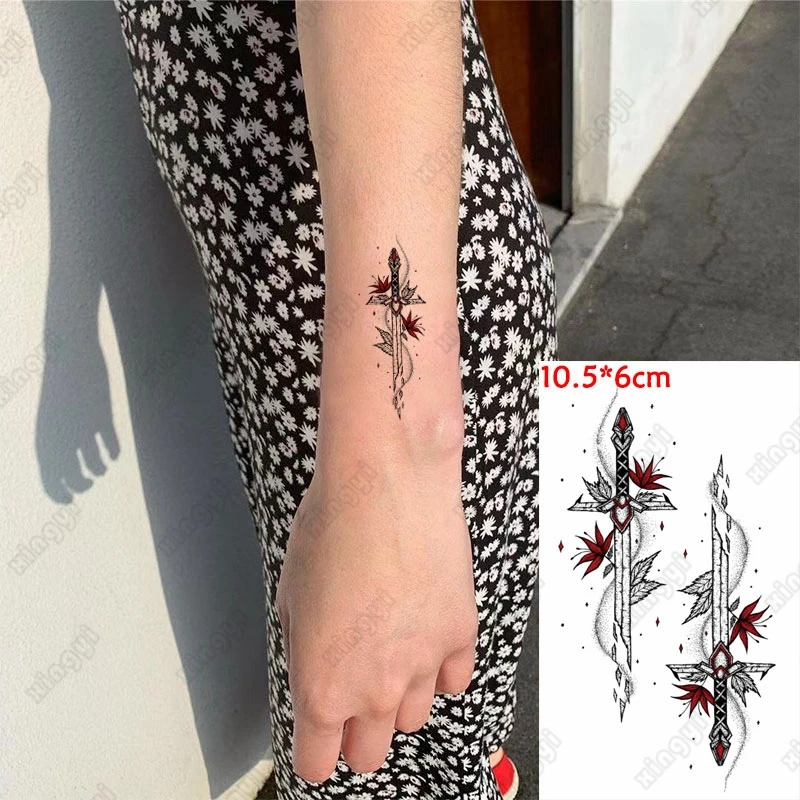 Waterproof Temporary Tattoo Sticker Flowers Sword Cross Girls Flash Tatoo Arm Wrist Water Transfer Fake Tatto Body Art Women Men