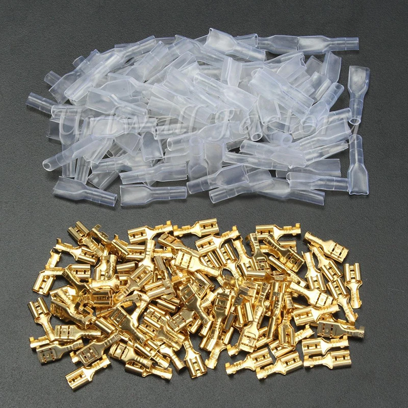 100pairs (200pcs)/Set 4.8mm Crimp Terminals AWG 22-16 0.5mm2-1.5mm2 Female Spade Connectors & Insulating Sleeves