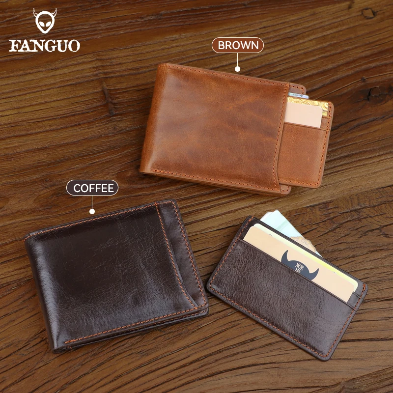 Men\'s Slim Short Wallet Genuine Leather Small Money Purse Retro Thin Wallets For Male With Removable Credit Card Holder Cover