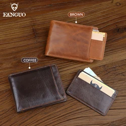 Men's Slim Short Wallet Genuine Leather Small Money Purse Retro Thin Wallets For Male With Removable Credit Card Holder Cover