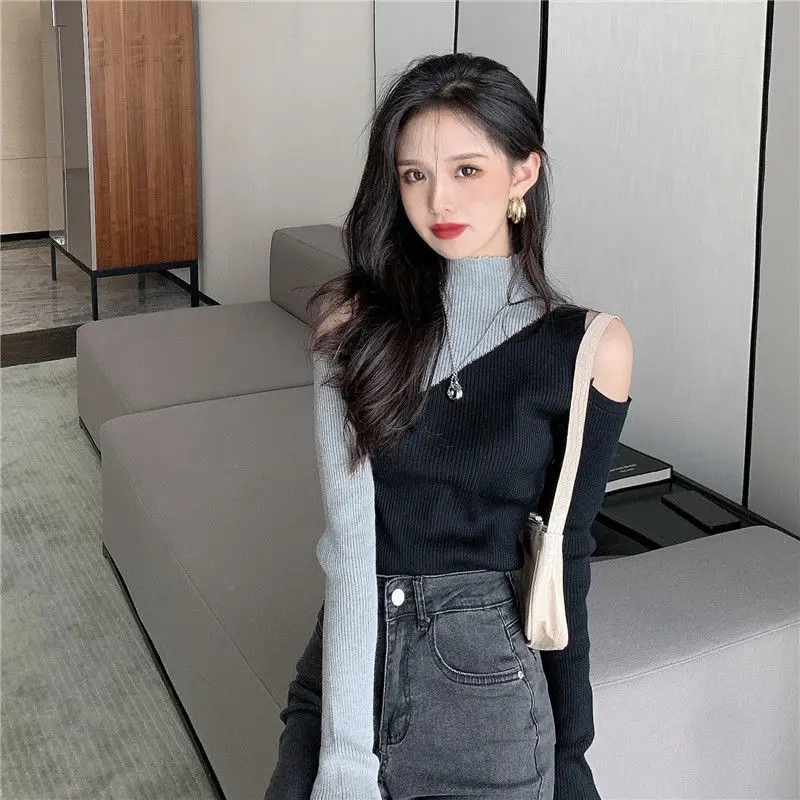 Woman Sweaters Women\'s Knitwear 2024 Autumn Sweater Slim-Fit Contrast Colors off-the-Shoulder Top Femme Chandails Pull Hiver