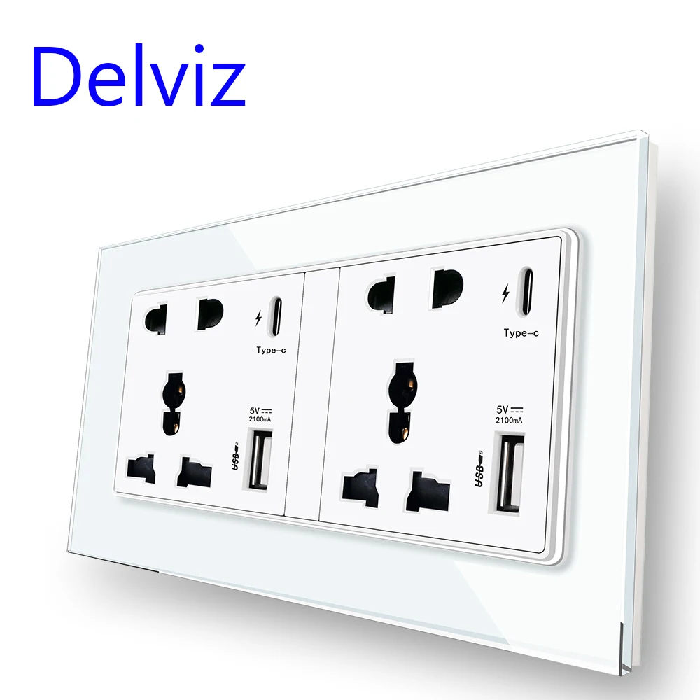 Delviz-tomada de Interface tipo c Tomada de Parede Painel de Vidro Tomada Universal Dupla Carregamento Rápido Porta Usb 2a Potência 18w 4a Inteligente