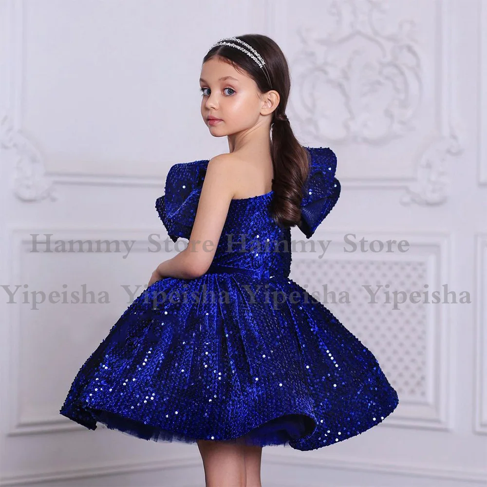 Vestidos brillantes de fiesta para niños, Mini tutú con volantes de un hombro, vestidos de desfile, lentejuelas brillantes, Puff, vestido de flores para cumpleaños