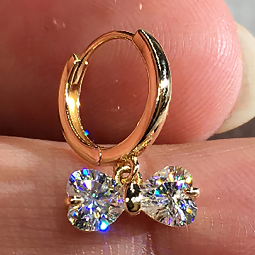 

Custom Solid 14K Yellow Gold Women Drop Clip Hoop Earrings Moissanite Diamonds 1 Carat Heart Bow Wedding Engagement Anniversary