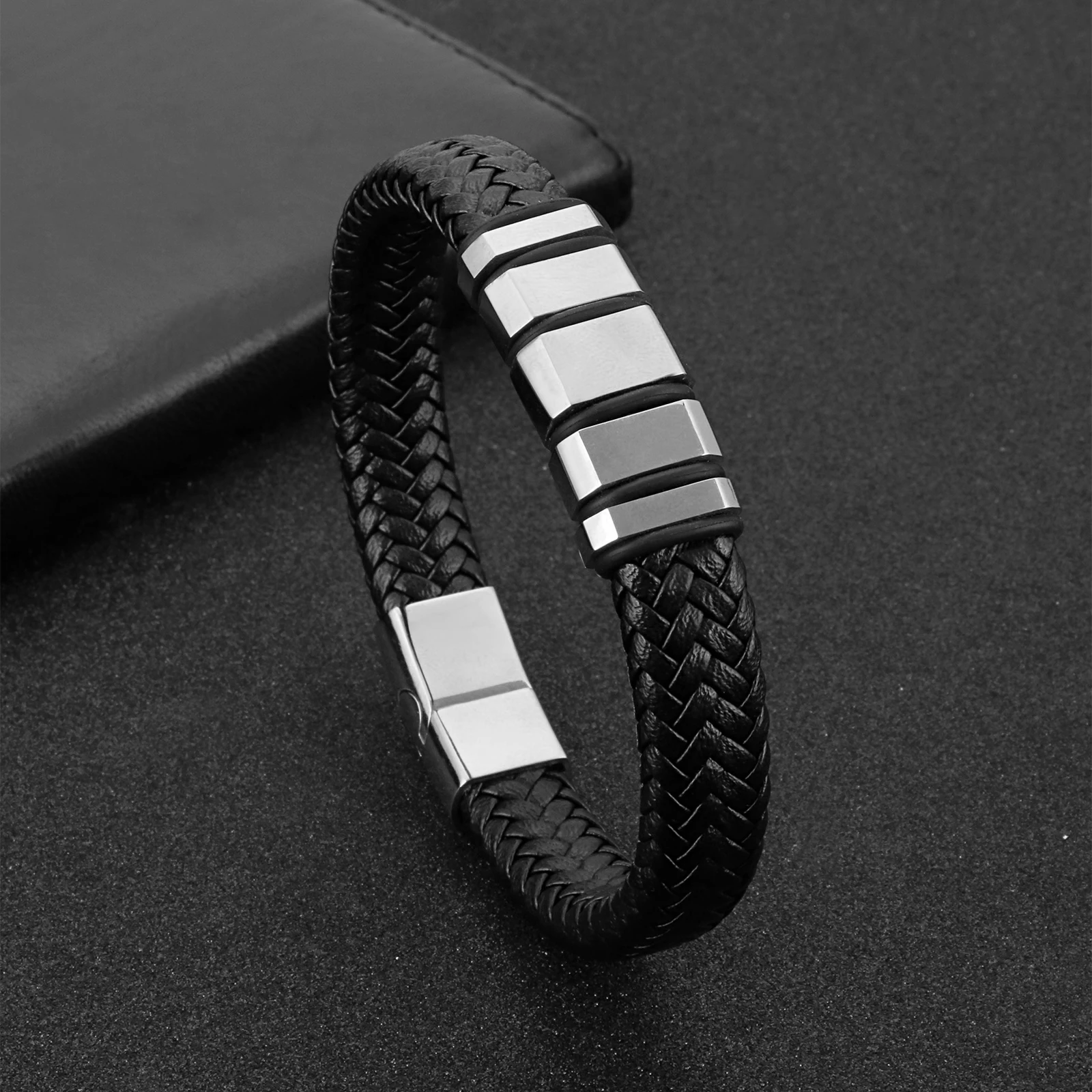 

HaoYi Luxury 12mm Braided Genuine Leather Bracelet Fashion 316L Stainless Steel Classic Men's Jewelry