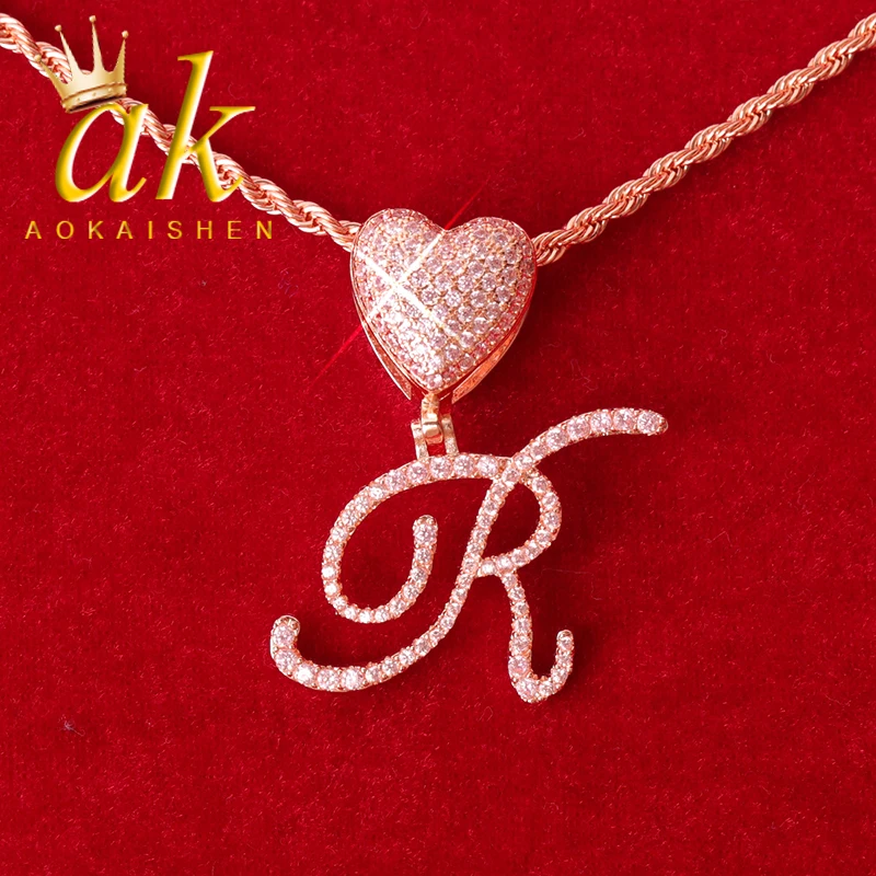 

Initial Letter Jewelry Cursive Font Rose Gold Plated Pink Stones Women Necklace Heart Bail Hip Hop Jewelry