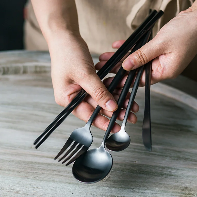 

Black Tableware Stainless Steel Cutlery Sets Forks Knives Spoons Kitchen Dinner Set Coffee Spoon Chopsticks Gold Dinnerware Sets