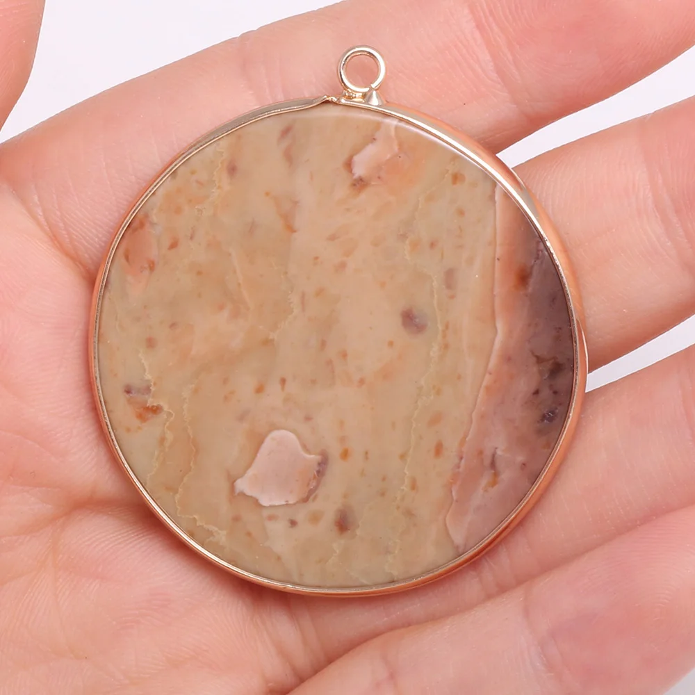 Natural Stone Agates Pendant Disc Shape Aventurine Jades Turquoises Pendants For Jewelry Making DIY Charm Necklace Size 40x45mm