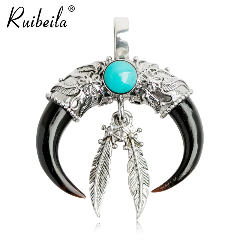 ruibeila véritable 925 argent motif de style indien incrusté turquoise animal corne plume pendentif hommes personnalité collier