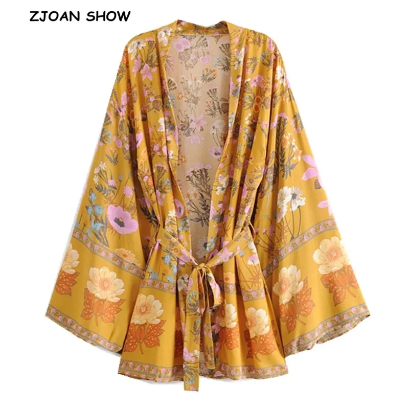 BOHO Women Bohemian Yellow V neck Flower Print Kimono Shirt Holiday Beach Tide Bow Sashes Mid Long Cardigan Blouse Tops