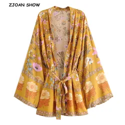 Camisa Kimono con estampado de flores para mujer, cárdigan largo medio con cuello en V, lazo bohemio, color amarillo, para vacaciones y playa