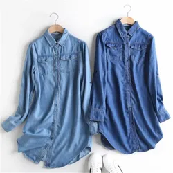 Women Blouse Spring Autumn Casual Shirts Mid-length Long Sleeve Denim Jeans Tops Casual Women Shirt Blusa Mujer Plus Size S~3XL