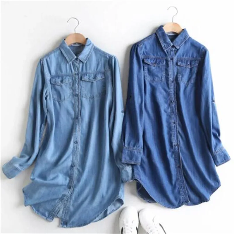 Women Blouse Spring Autumn Casual Shirts Mid-length Long Sleeve Denim Jeans Tops Casual Women Shirt Blusa Mujer Plus Size S~3XL