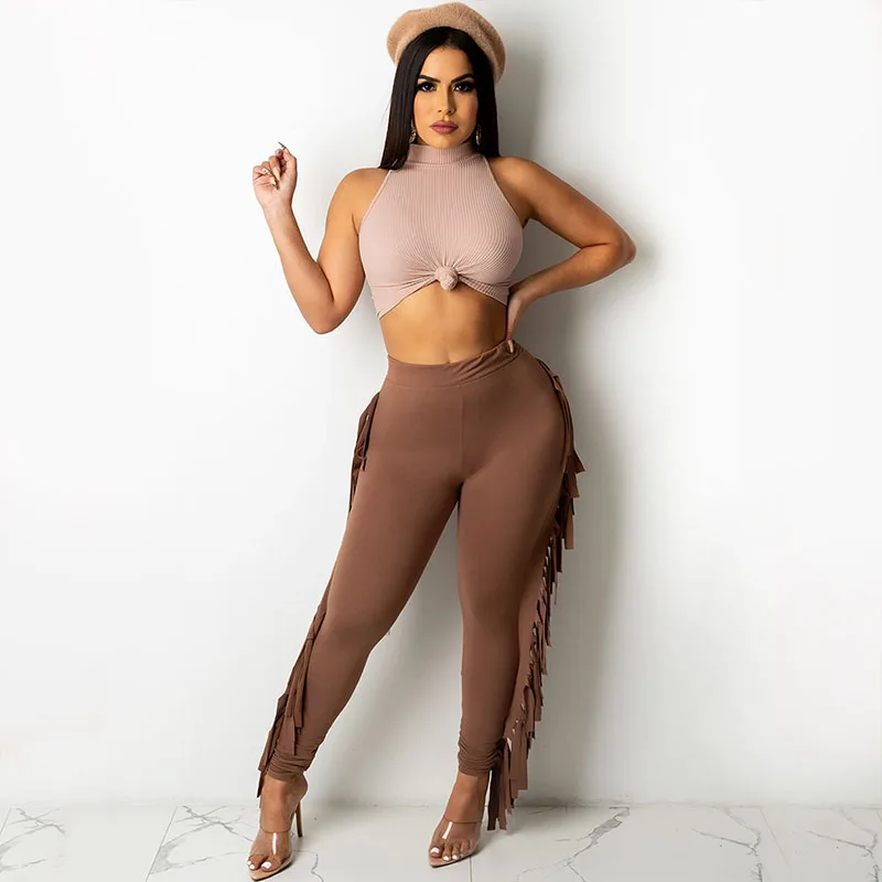 

Sexy Knitted Ribbed Two Piece Set Women Matching Sets Sleeveless Crop Top and Tassel Pencil Pants Party Club Birthday Outfits