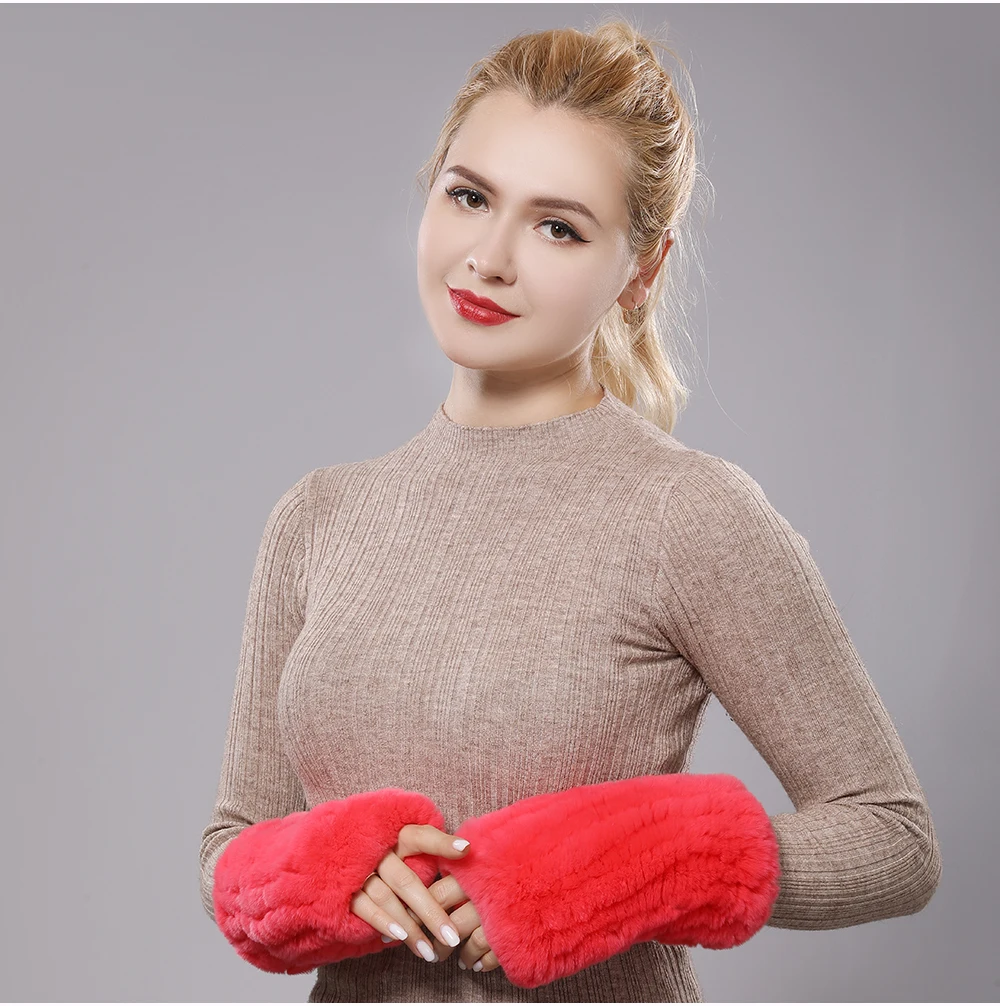 New Women 100% Real Genuine Knitted Rex Rabbit Fur Mittens Winter Warm Lady Real Fur Fingerless Gloves Handmade Knit Fur Mitten
