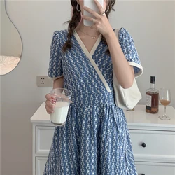 Snordic Women Summer Elegant V Neck Jacquard Floral Long Dress Blue High Waist Short Sleeve Exquisite Midi Dresses