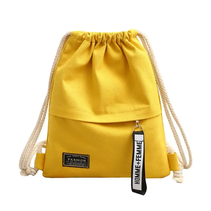 New Fashion Women Canvas Drawstring Backpack Solid Color Letter Pattern String Closure Knapsack School Gym Storage Packet