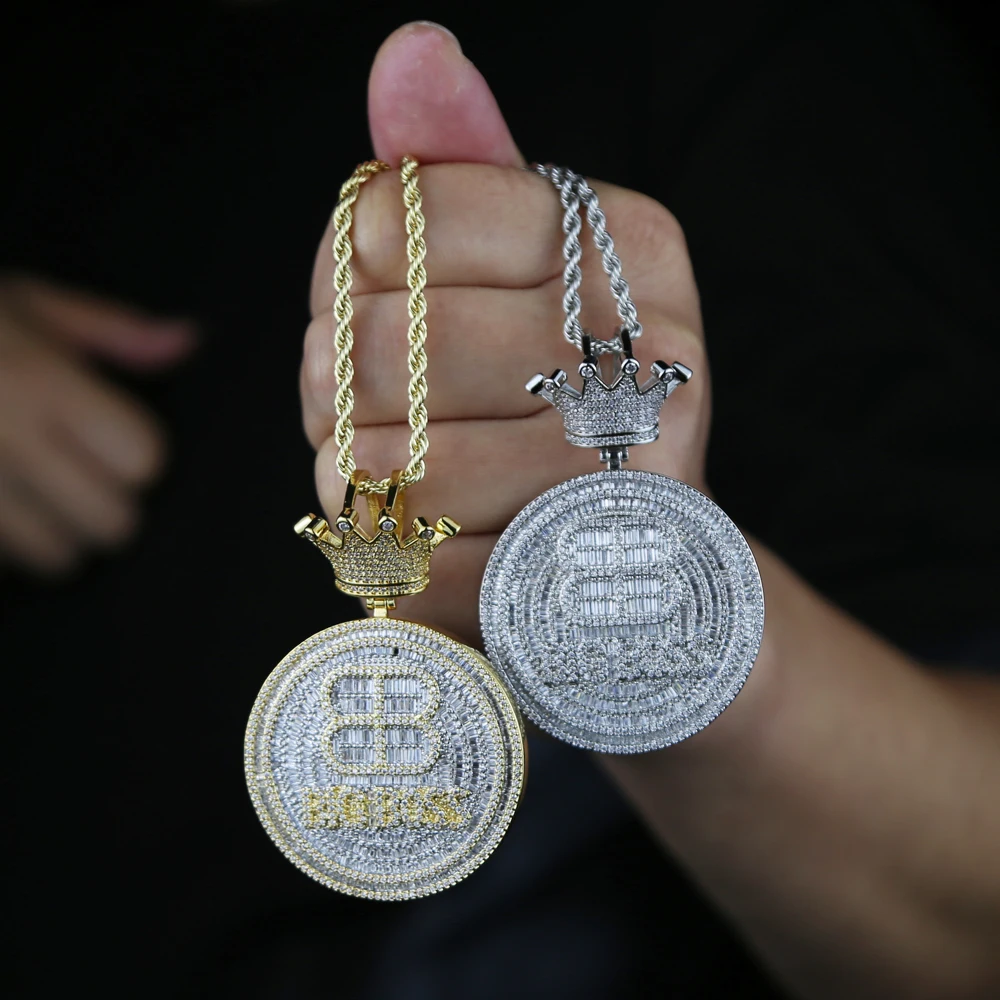 

High Quality Bling Big B Letter Iced Out Crown Pendants Necklaces Men's Charms 5A Cubic Zircon Hip Hop Jewelry Rope Chain