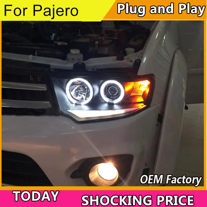 Car Styling for Mitsubishi Pajero Headlights 2009-2013 Pajero Head Light DRL H7 D2H Hid Option Angel Eye Bi Xenon Beam