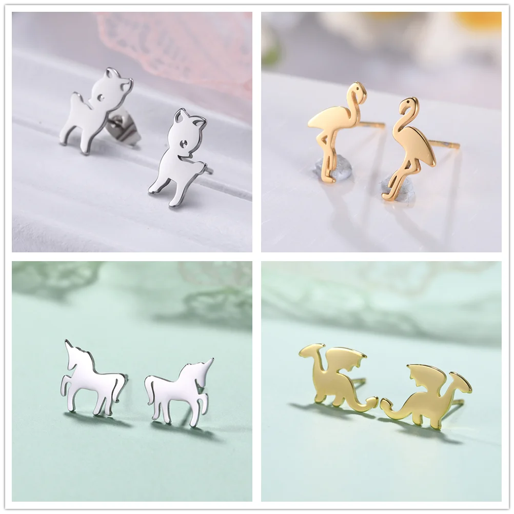 Cazador-pendientes con pasador de animales para mujer y niña, joyería de acero inoxidable con ciervo, unicornio, dinosaurio, flamenco, regalo para madre 2025