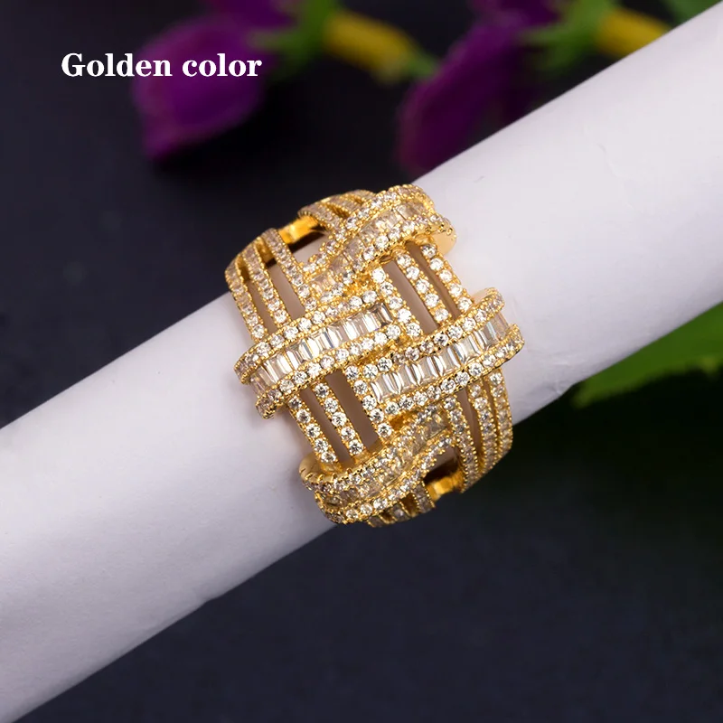 Bride Talk Fashion Creative Cross Twisted Line Flash Micro Inlay Trapezoid Zircon Ring Women Shiny Wedding Party Jewelry