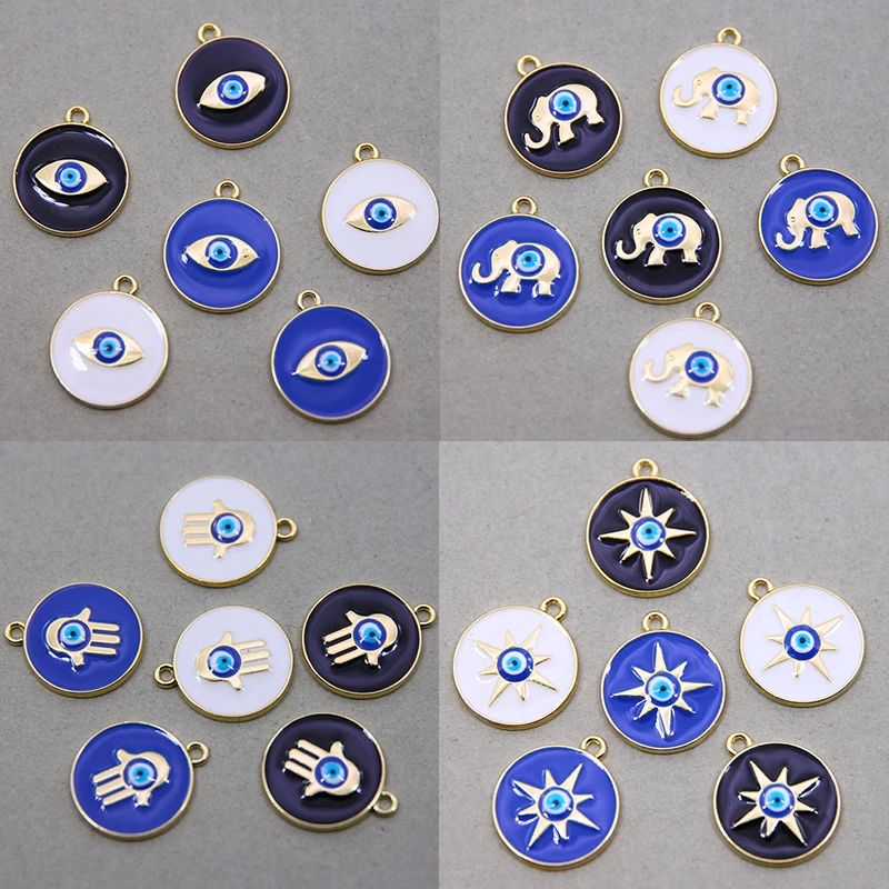 6pcs Cute Elephant Hand of Fatima Six-pointed Star Turkish Evil Eye Charms Lucky Demon Eye Necklace Pendants Diy Accessory