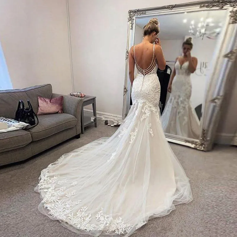 Moda cinta de espaguete sereia vestidos de casamento rendas apliques sem costas vestido de casamento plus size vestido de noiva robe de mariee