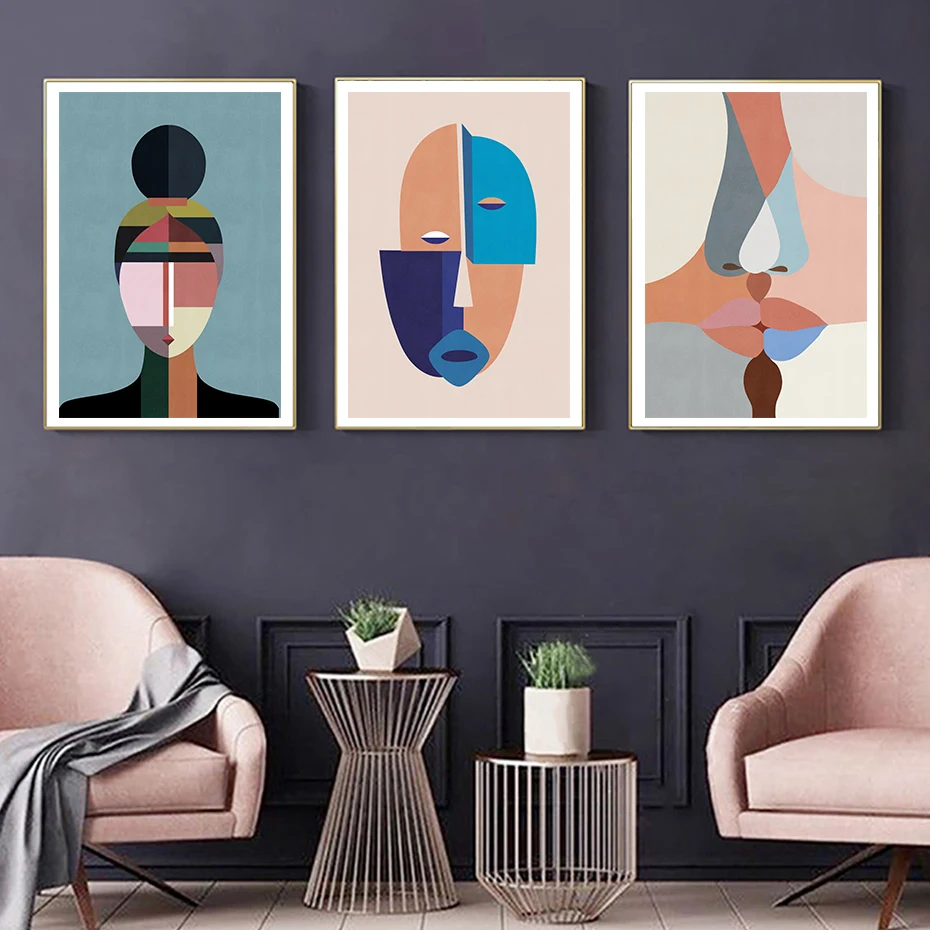 Contemporary Abstract Canvas Painting - Colorful Figure Face Kiss Wall Art Print Living Room Home Decor