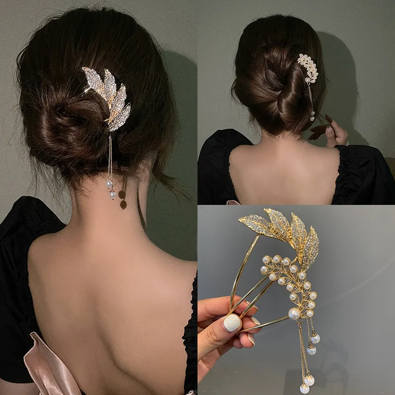 Women Elegant Bowknot U Shape Rhinestone Hairpins Metal Hair Sticks Hairclip Bridal Wedding Banquet Hair Accessories Headwear