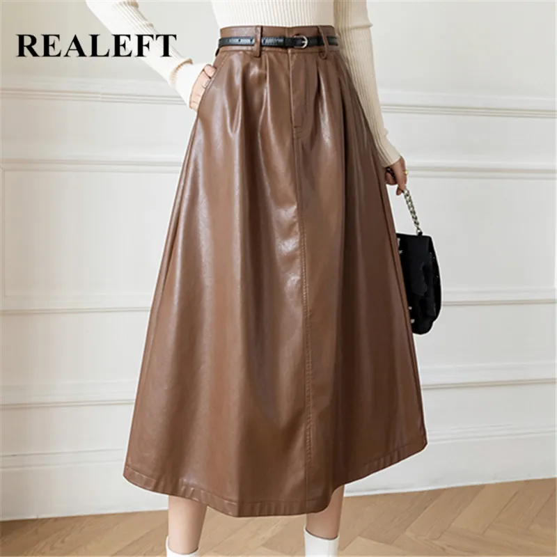 

REALEFT Autumn Winter PU Faxu Leather Women Mi-long Umbrella Skirts with Belted 2021 New High Waist A-Line Skirt Pockets Female