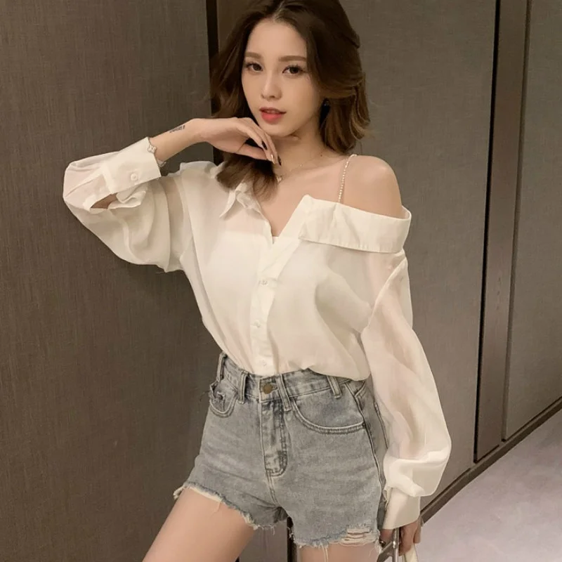 Shirts Women Solid Skew Collar Off Shoulder Stylish Sexy Lady Elegant Chic Daily Hot Sale Long Sleeve Loose Blusas Top New Mujer