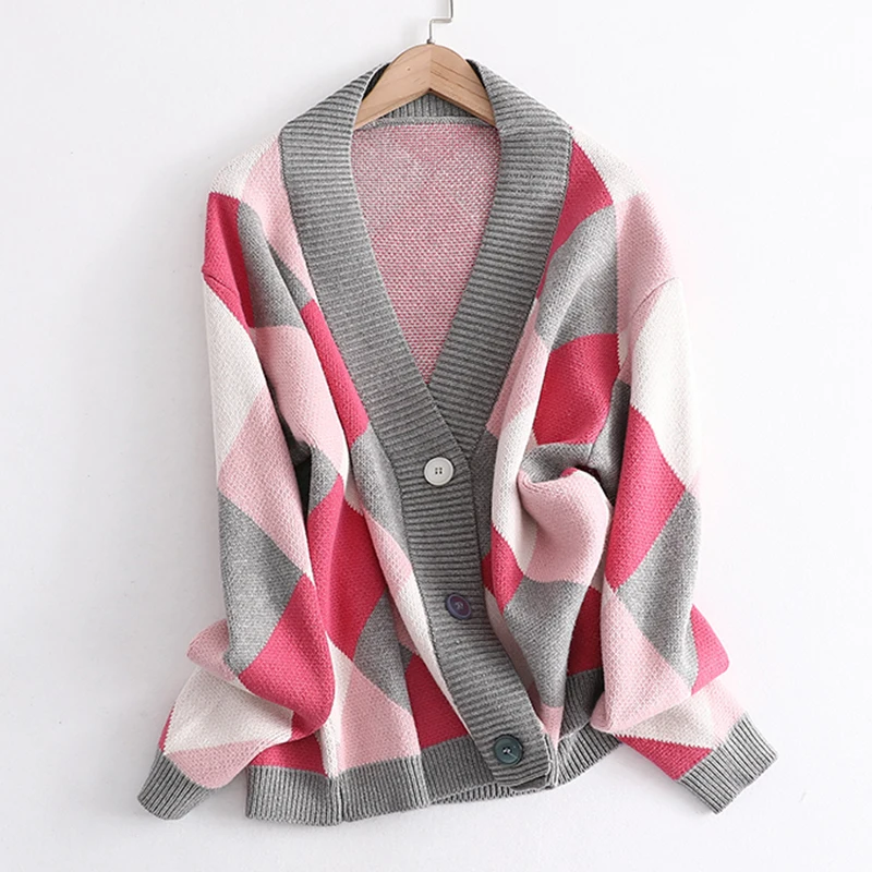 2023 V Neck Knit Oversize Female Cardigan Winter Argyle Single-Breasted Women\'s Sweater coat Autumn Loose Knit Cardigan Jacket