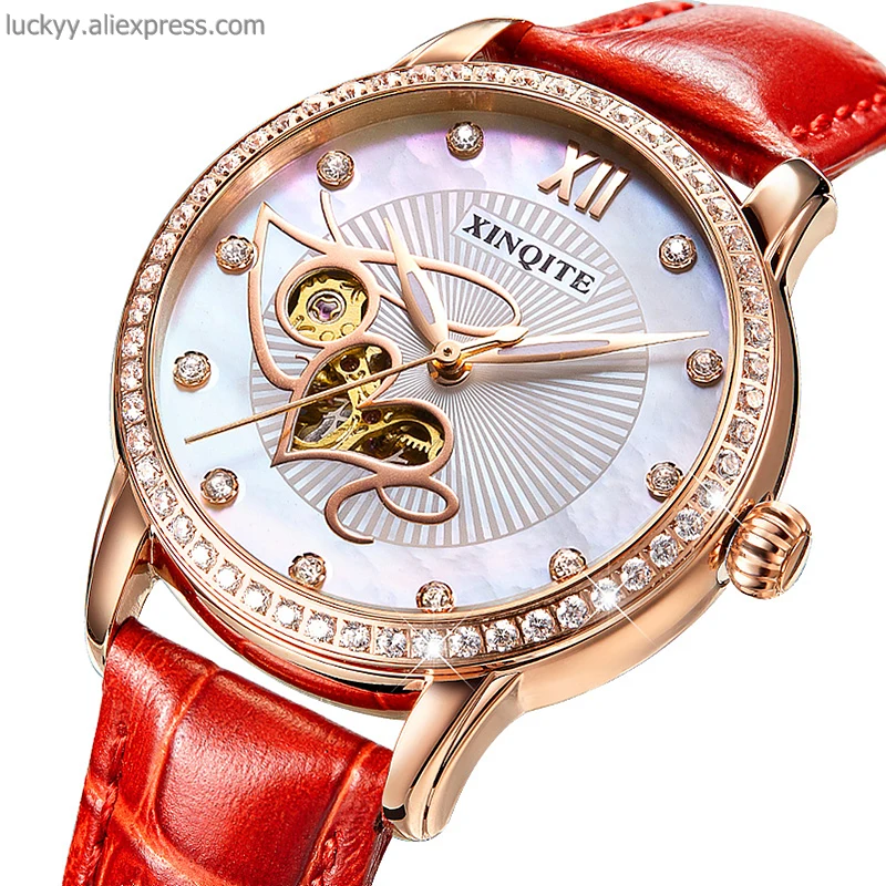 Mechanical watch for woman sapphire crystal love pearl dial with diamond case automatic lady watch colorful leather strap A218