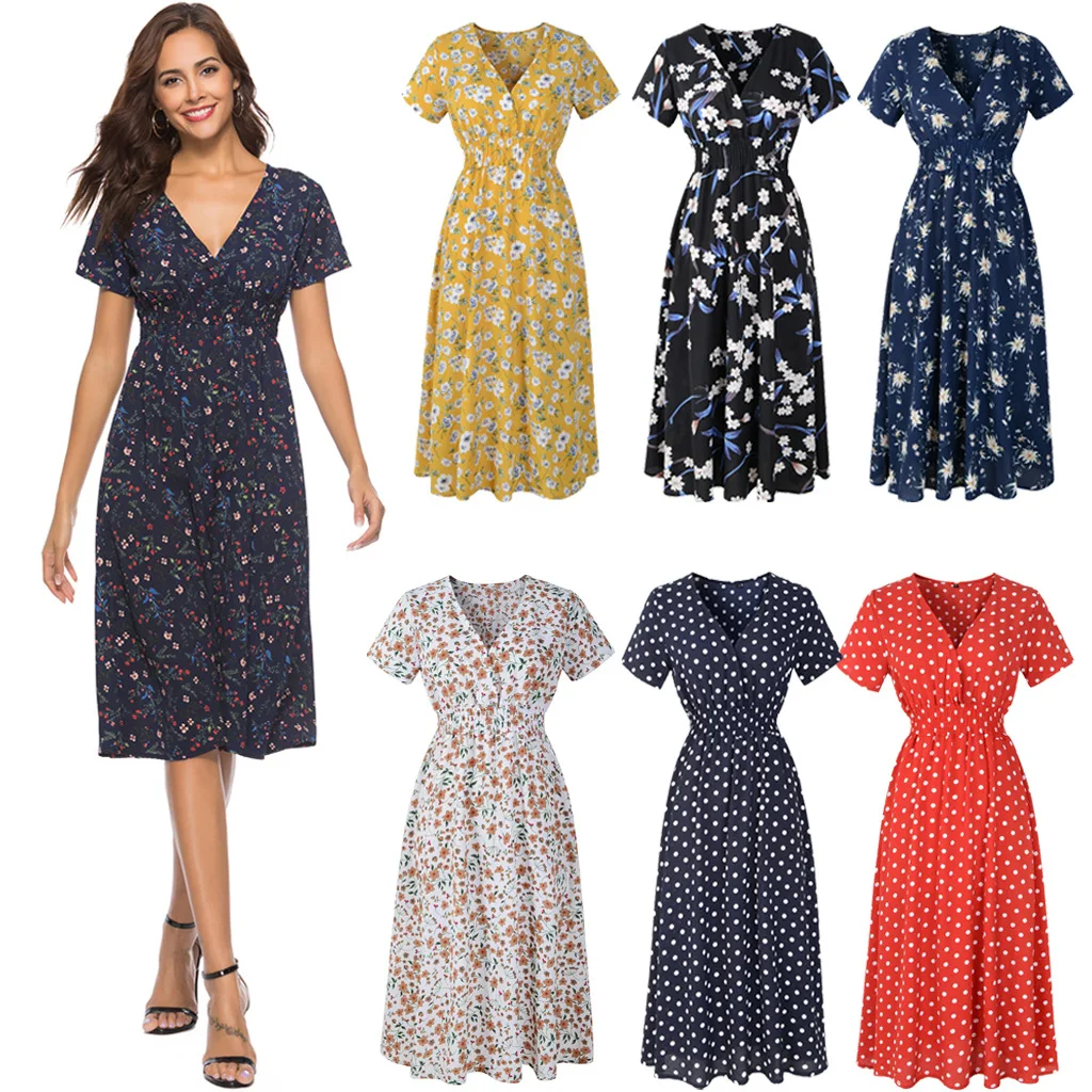 Plus Size Casual Elastic Waist Boho Dress Women Beach Summer Dresses Floral Print Vintage Chiffon Midi Dress2021Vestido de Festa