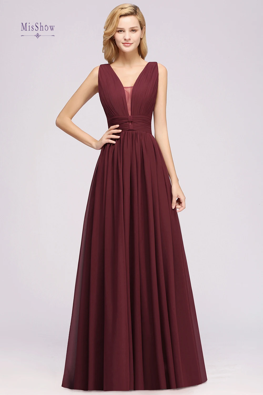 Elegant Long Bridesmaid Dresses Deep V-Neck Hollow Bow Sash A-Line Evening Prom Gowns Zipper Pleats Wedding Party Dress Vestido