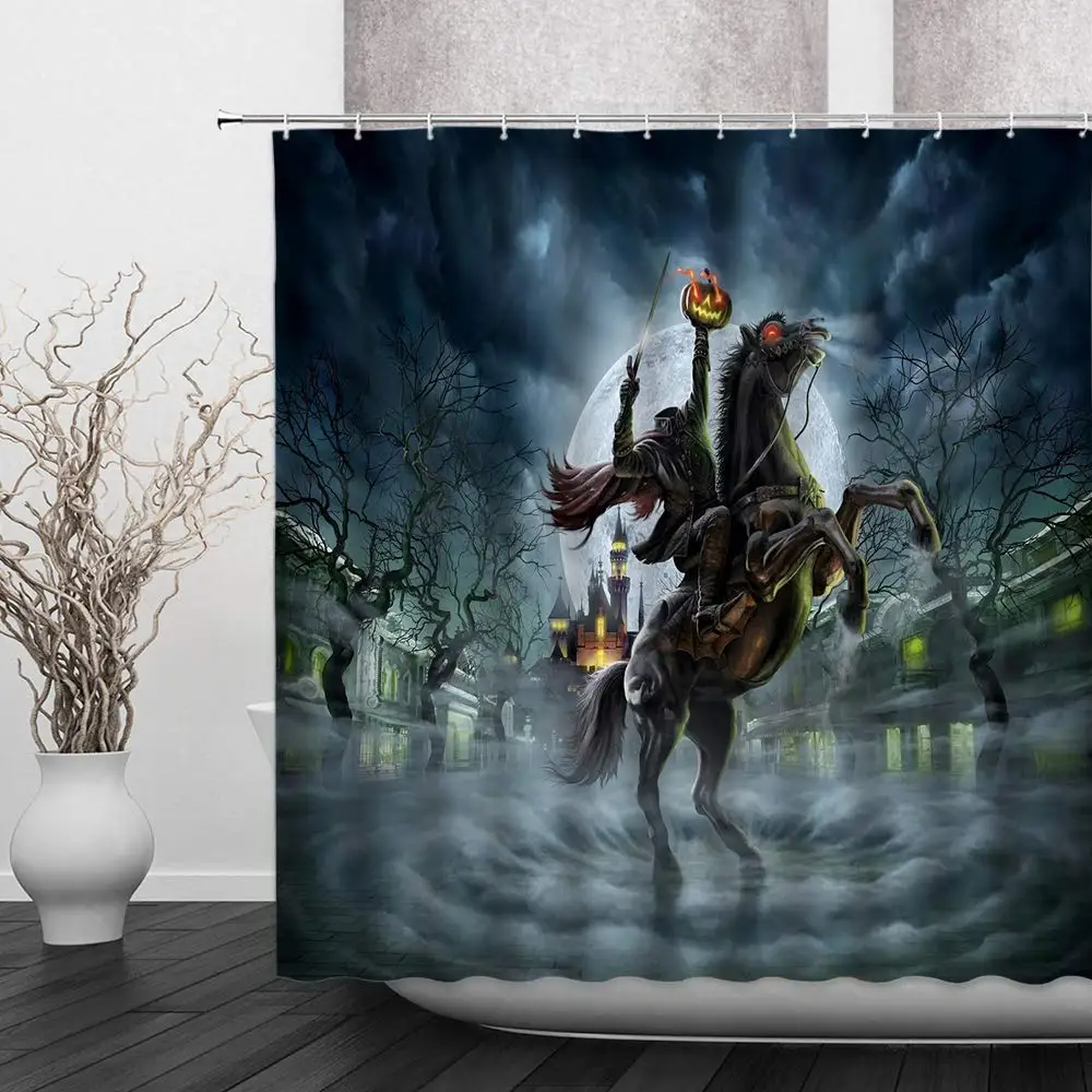 Fantasy Night Headless Knight Horror Ancient Castle Haunted Dead Tree Full Moon Halloween Bathroom Decoration