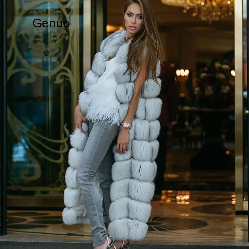 10-Sectie Luxe Faux Vos Bont Winter Vest Jas Mouwloos Dikke Warme Horizontale Gestreepte Lange Stijl Pluizige Nep Bont overjas