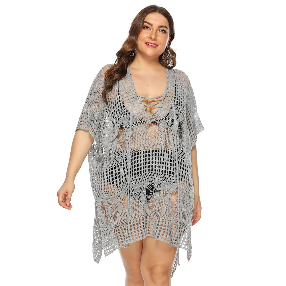 Robe de plage en Crochet, ample, grande taille, ajouré, Cover-up d'été pour les costumes de bain, tunique, Bikini, chemisier