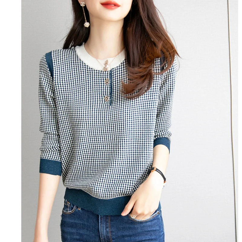 DY Western style all-match loose top women 2020 autumn new round neck long sleeve black and white plaid sweater