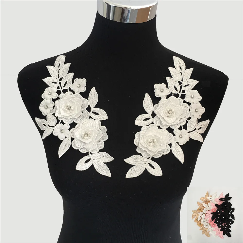 New arrive 3D flower Embroidery Applique Lace Collar Neckline ABS pearl DIY Rhinestone Lace Fabric Sewing Dresses Accessories