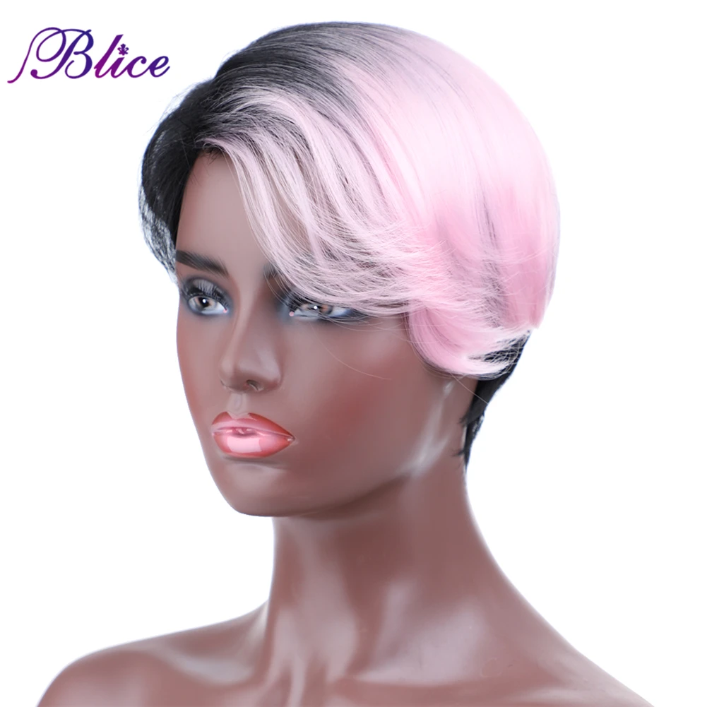 Blice Short Synthetic Wig Mix Color Red Blackpink Colorful Wigs Left-Side Bang Natural Curly Machine Made Wig  For Women