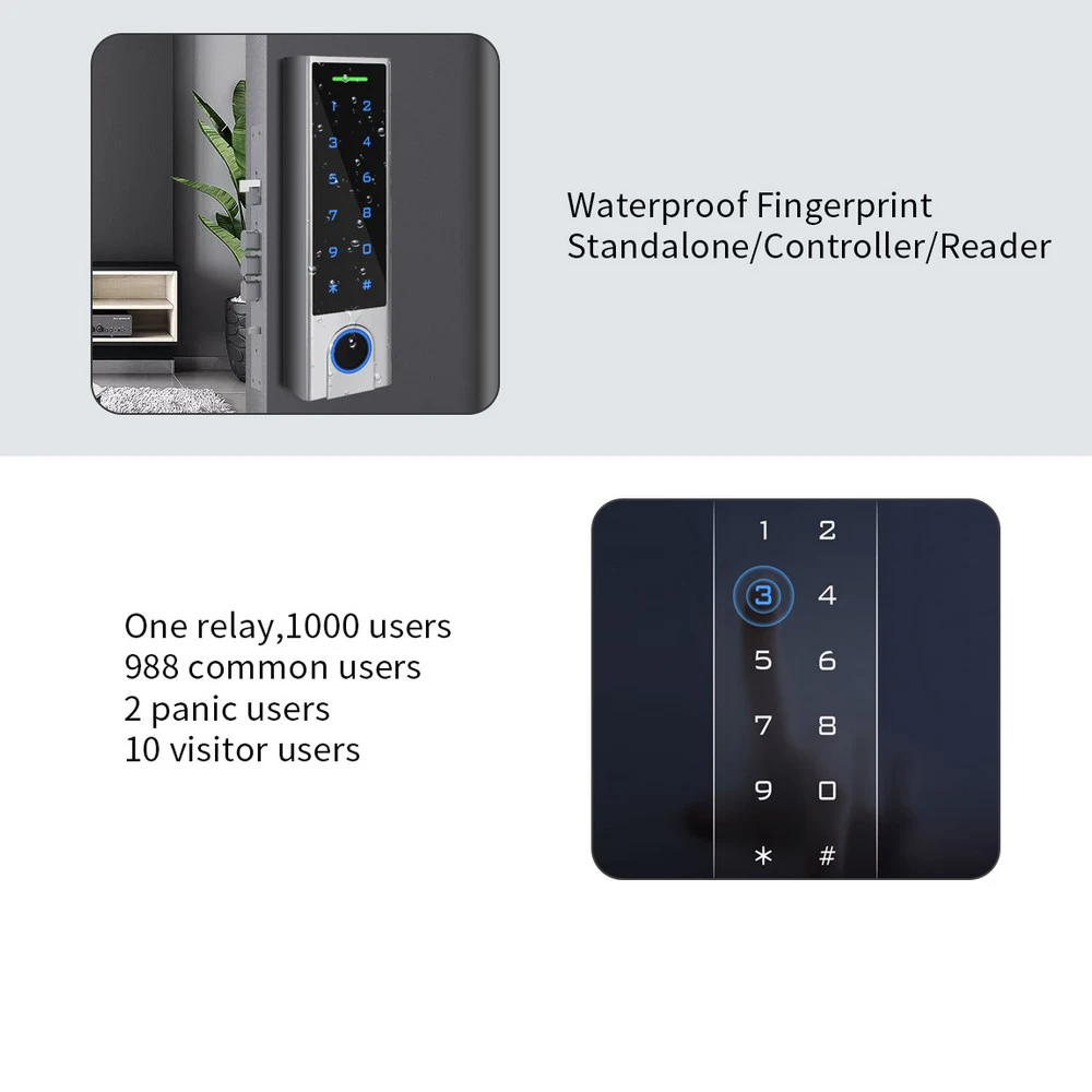 Pengontrol akses Sensor sidik jari 125Khz, 1000 pengguna IP66 tahan air sentuh kontrol akses kunci sidik jari