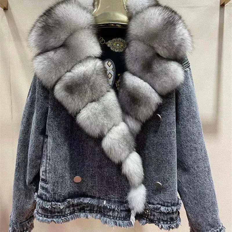 FURSARCAR Hohe Qualität Echt Pelz Mäntel Winter Frauen Mäntel 2021 Neue Mode Warm Fox Pelz Kragen Jean Splice Jacke Weibliche mantel