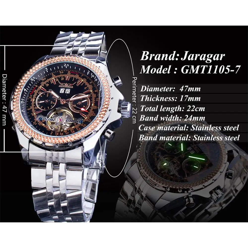 Jaragar Silver Stainless Steel Tourbillion Business Design Calendar Display Mens Mechanical  Automatic Watches Top Brand Luxury