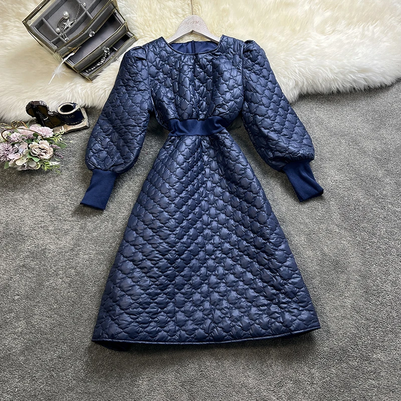 French style winter vintage quilted puff sleeve princess dress women slim a-line warm dress